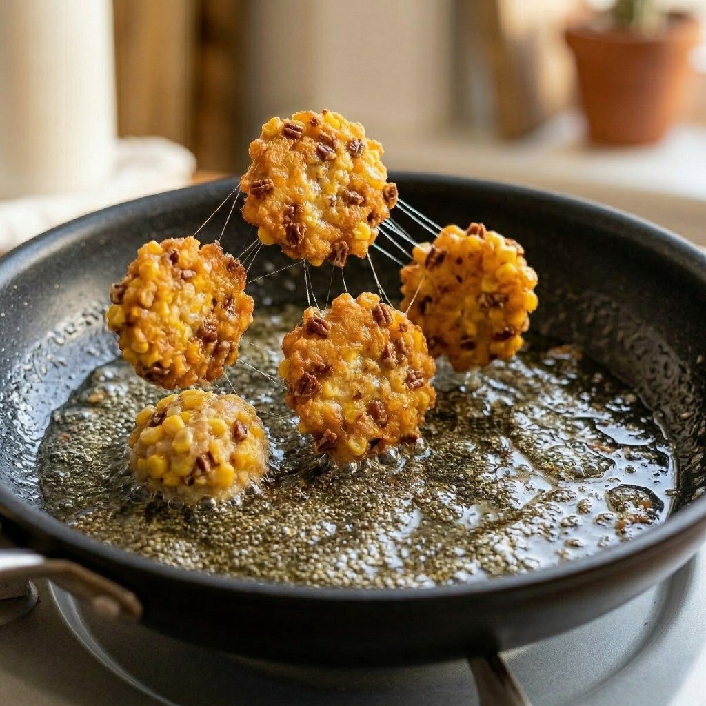 옥수수 빠스 만들기 5단계: 설탕과 물엿으로 만든 비법 시럽에 바삭하게 튀긴 옥수수를 빠르게 버무려 맛탕을 완성하는 모습