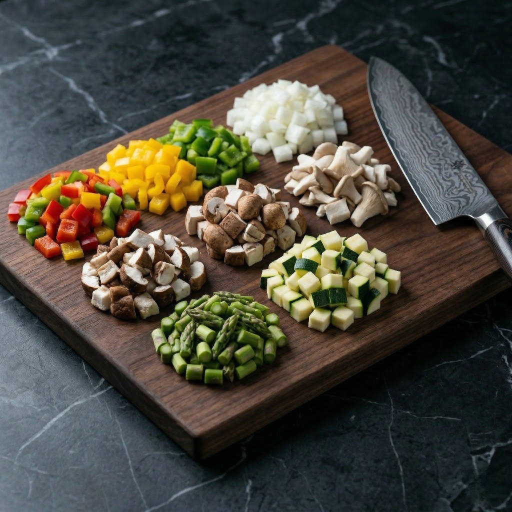 이연복 찹스테이크 레시피 3단계: 소고기와 비슷한 크기로 깍둑썰기한 파프리카, 양파, 버섯 등 채소 손질