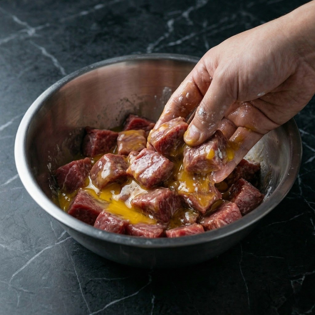 이연복 찹스테이크 레시피 4단계: 육즙을 가두기 위해 소고기 안심에 감자전분과 계란물 버무리기