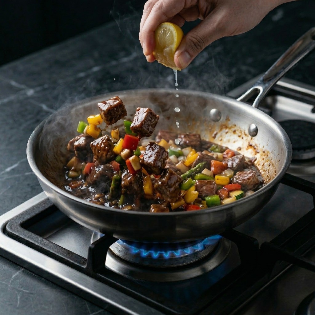 이연복 찹스테이크 레시피 5단계: 소고기, 채소, 특제 소스를 팬에 넣고 볶아 완성하는 모습
