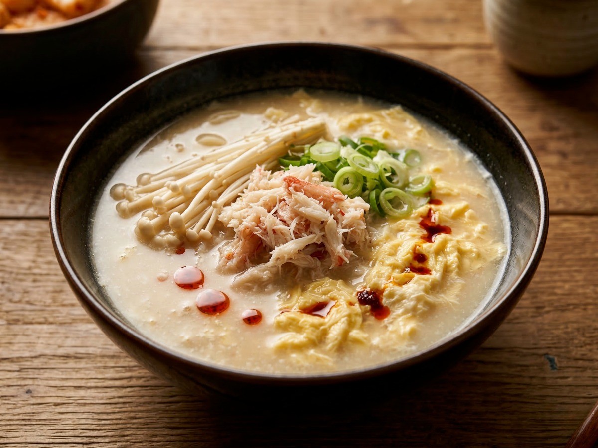 사리곰탕면과 크래미로 만든 부드럽고 걸쭉한 이연복 게살탕면 완성 모습