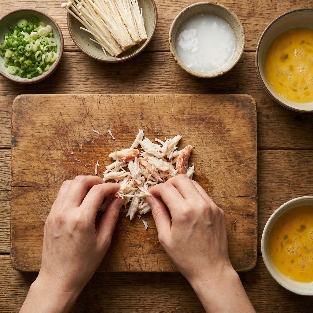 결대로 찢은 크래미, 송송 썬 대파, 팽이버섯과 미리 풀어둔 계란, 감자전분물 등 게살탕면 재료 준비 모습