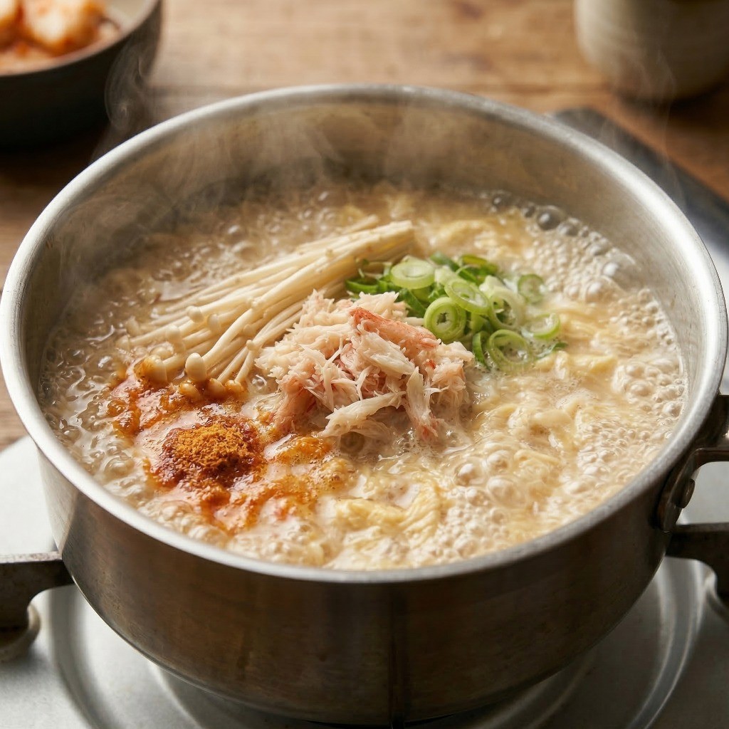 끓는 물에 사리곰탕면 스프, 크래미, 팽이버섯, 대파를 넣고 끓여 게살탕면 국물을 만드는 모습