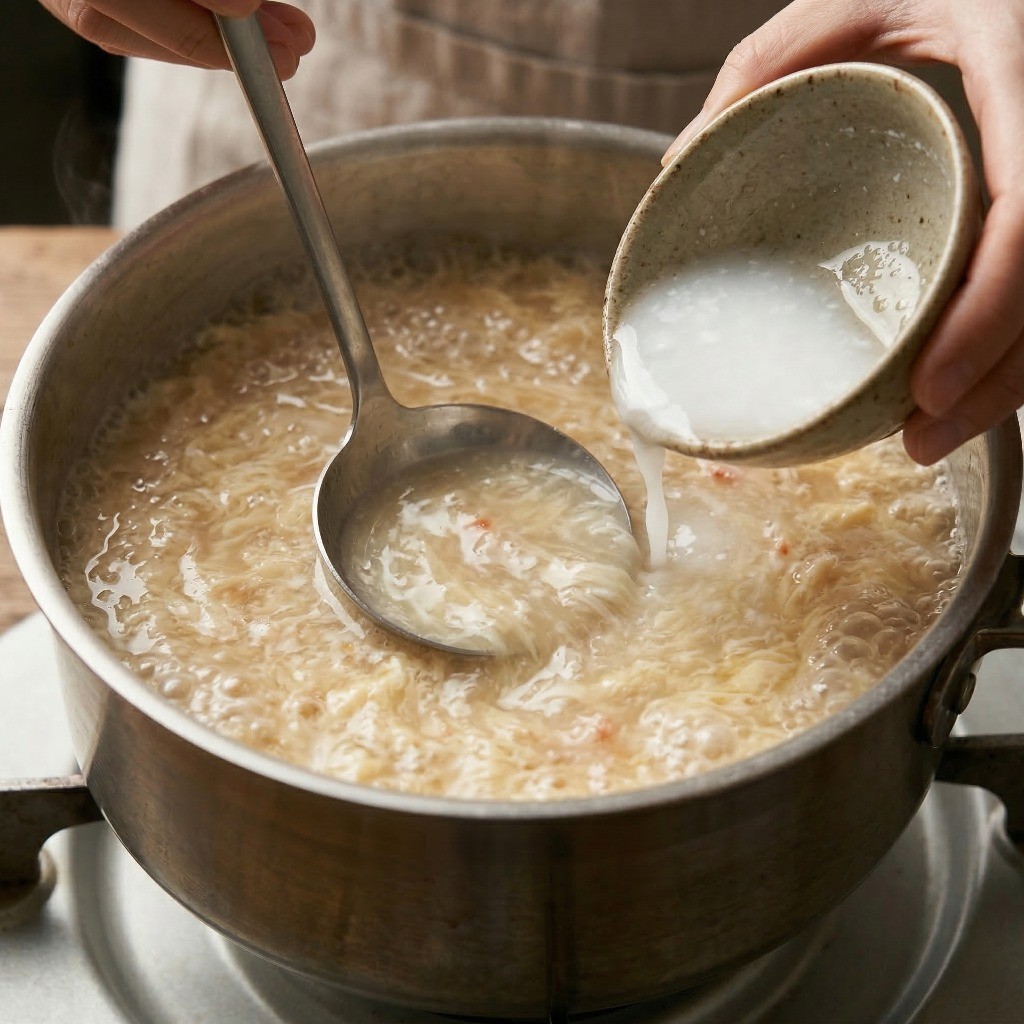 끓는 국물에 전분물을 조금씩 부어가며 탕수육 소스처럼 걸쭉하게 게살탕면 국물 농도를 맞추는 모습