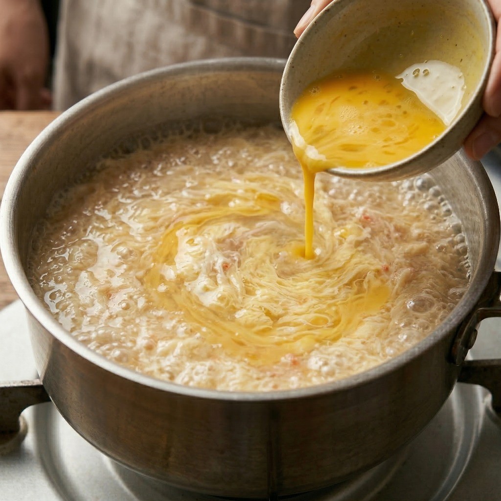걸쭉해진 게살탕면 국물에 풀어둔 계란물을 원을 그리듯 둘러 몽글몽글하게 익히는 모습