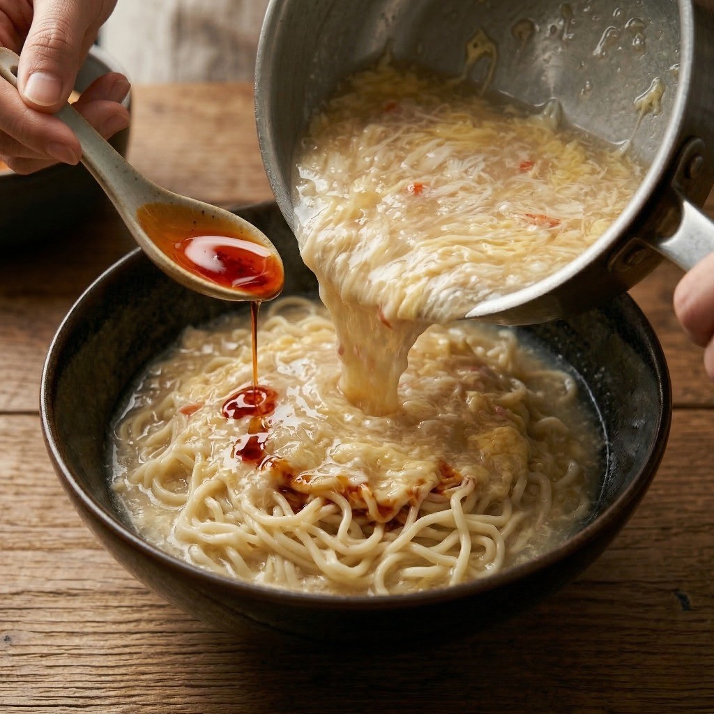 미리 건져둔 라면 사리 위에 완성된 게살스프 국물을 붓고 고추기름을 살짝 두른 게살탕면 최종 완성 모습