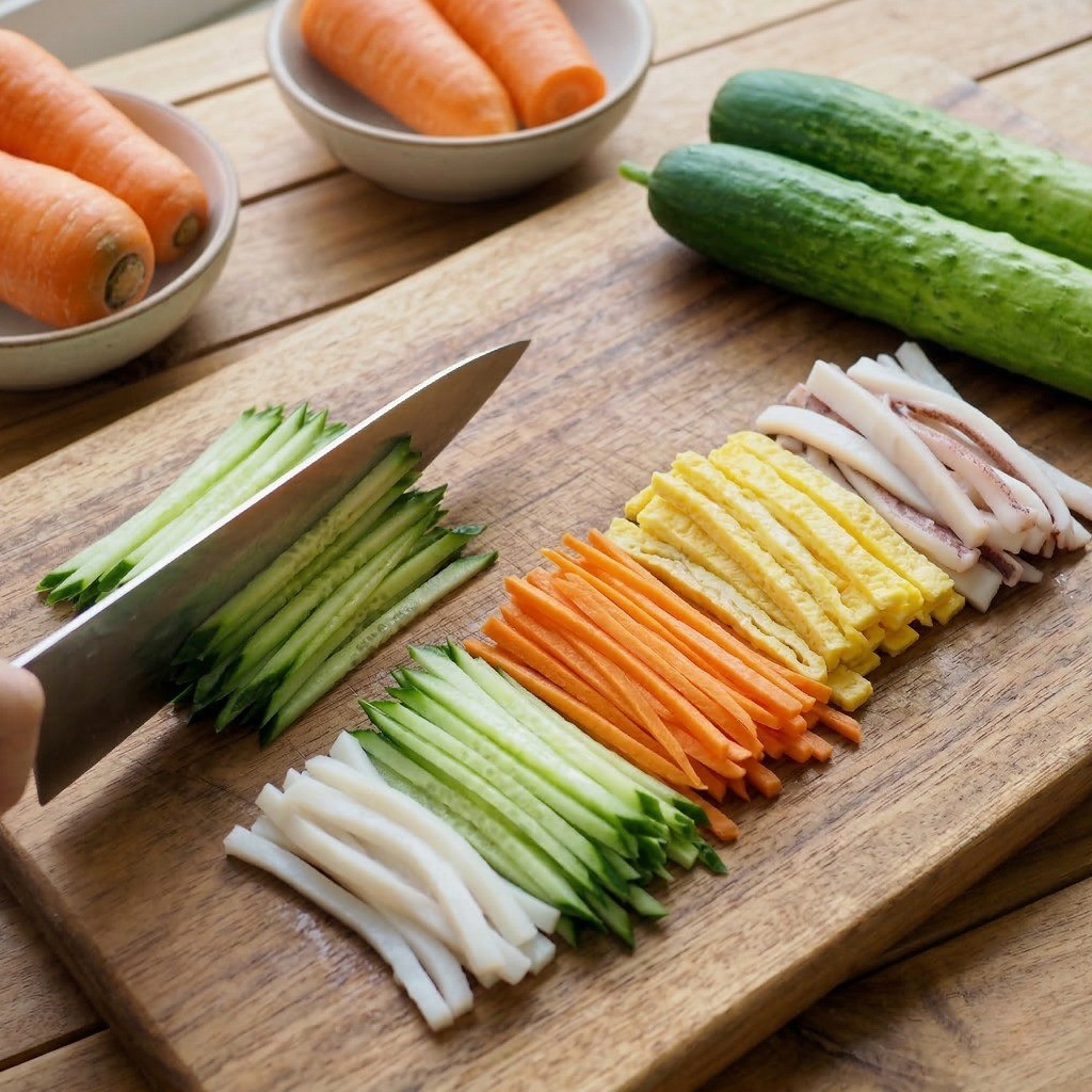 이연복 양장피 레시피 1단계: 계란 지단 부치기와 오징어, 채소 등 재료 손질 과정