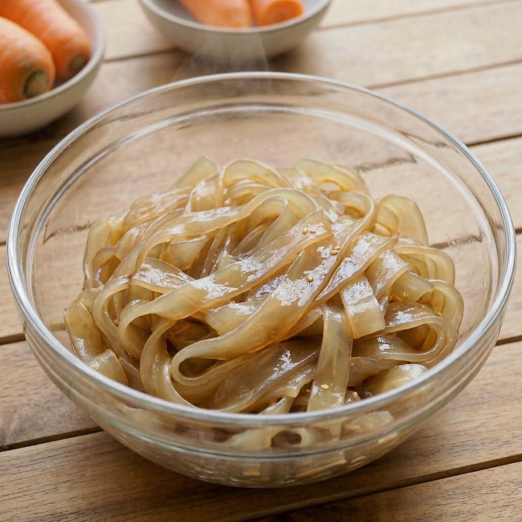 이연복 양장피 레시피 2단계: 넓은 당면 삶은 후 참기름과 간장으로 밑간하는 과정