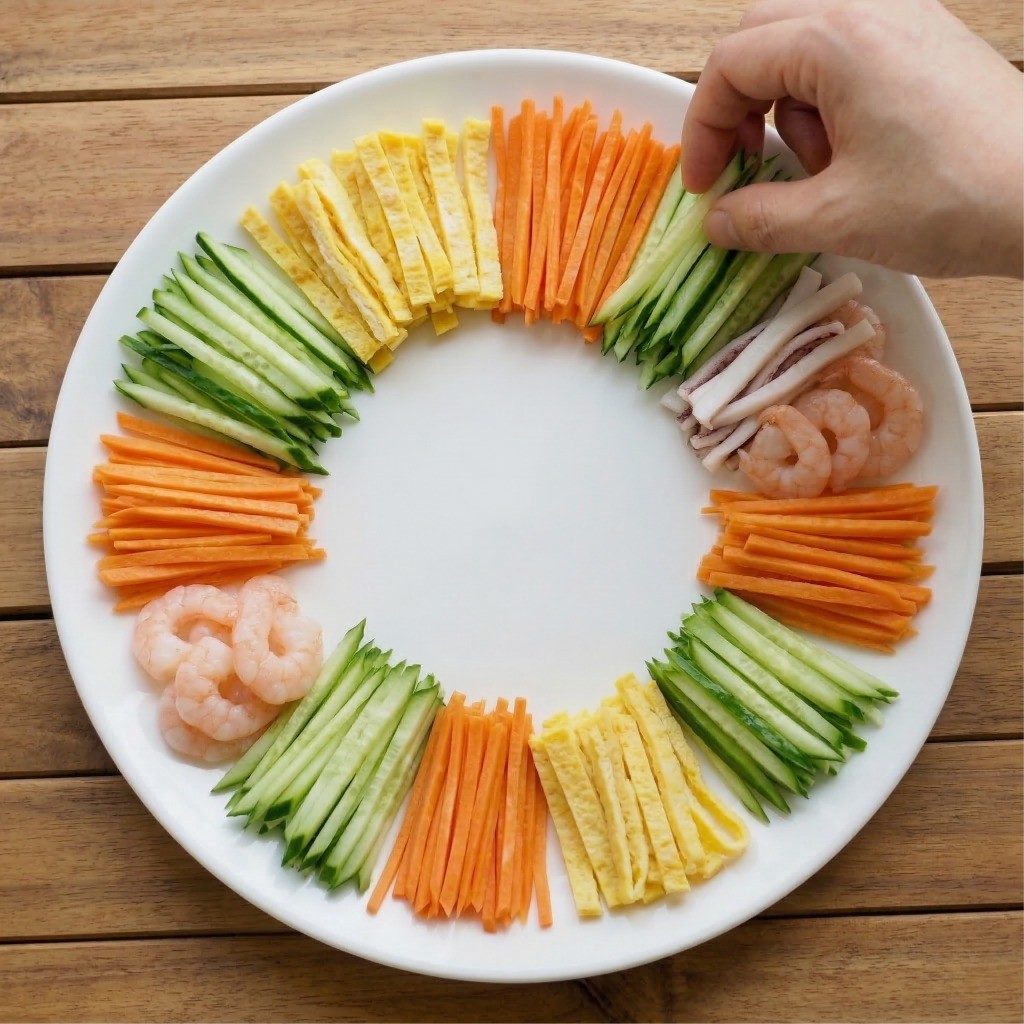 이연복 양장피 레시피 3단계: 손질한 해산물과 채소를 색깔이 겹치지 않게 접시에 플레이팅하는 모습