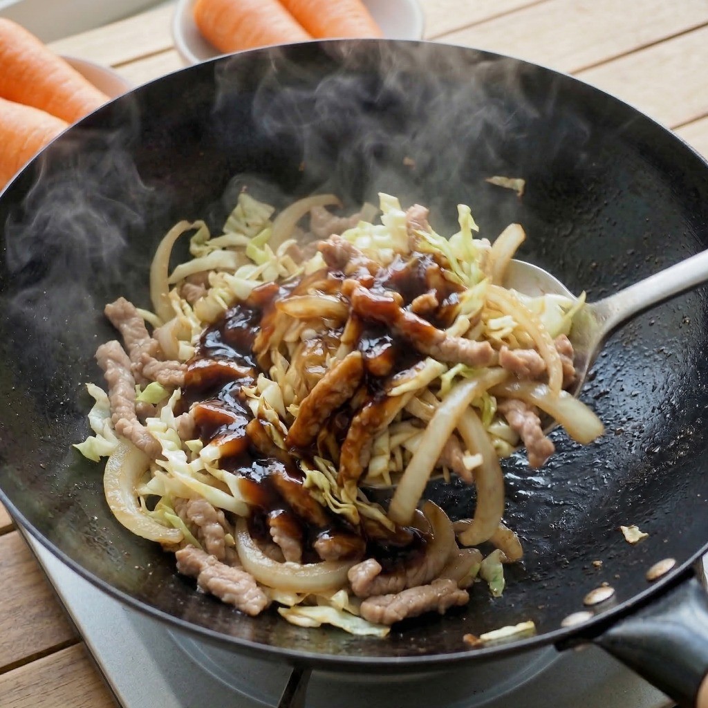 이연복 양장피 레시피 4단계: 다진 생강, 돼지고기, 양파, 배추를 넣고 굴소스로 짭짤하게 볶아내는 과정