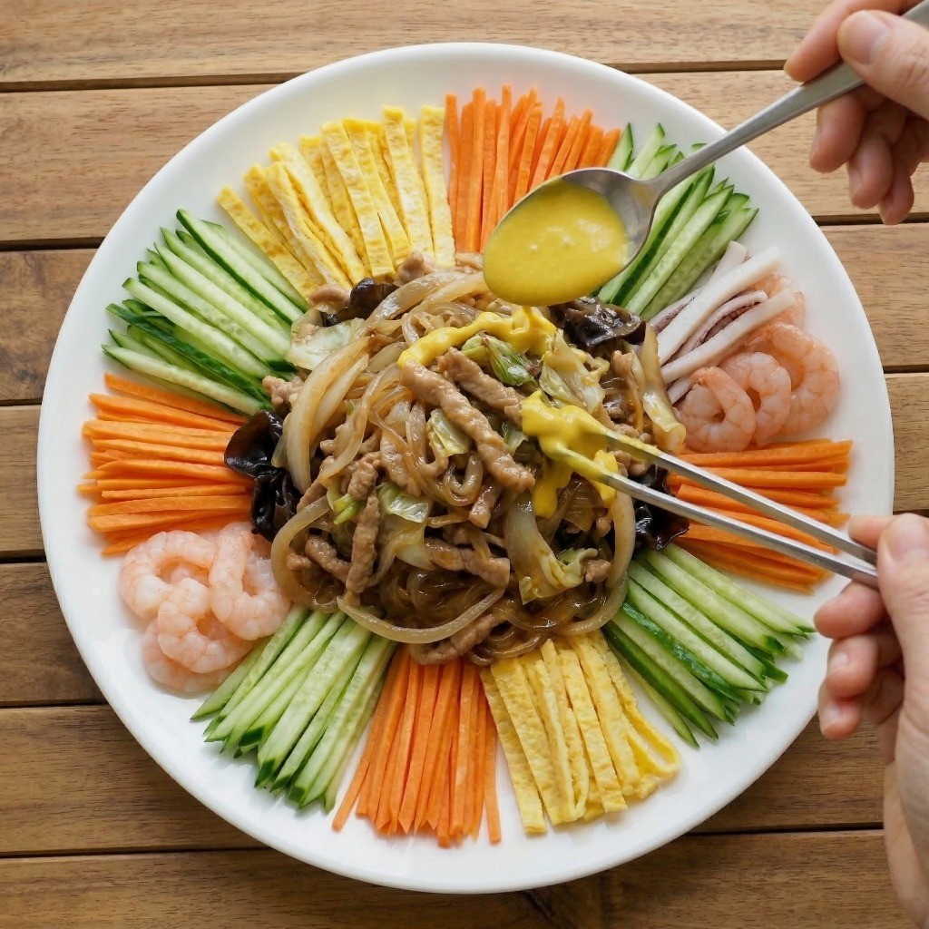 이연복 양장피 레시피 5단계: 연겨자 소스를 만들고 볶은 재료를 당면 위에 올려 최종 완성한 모습