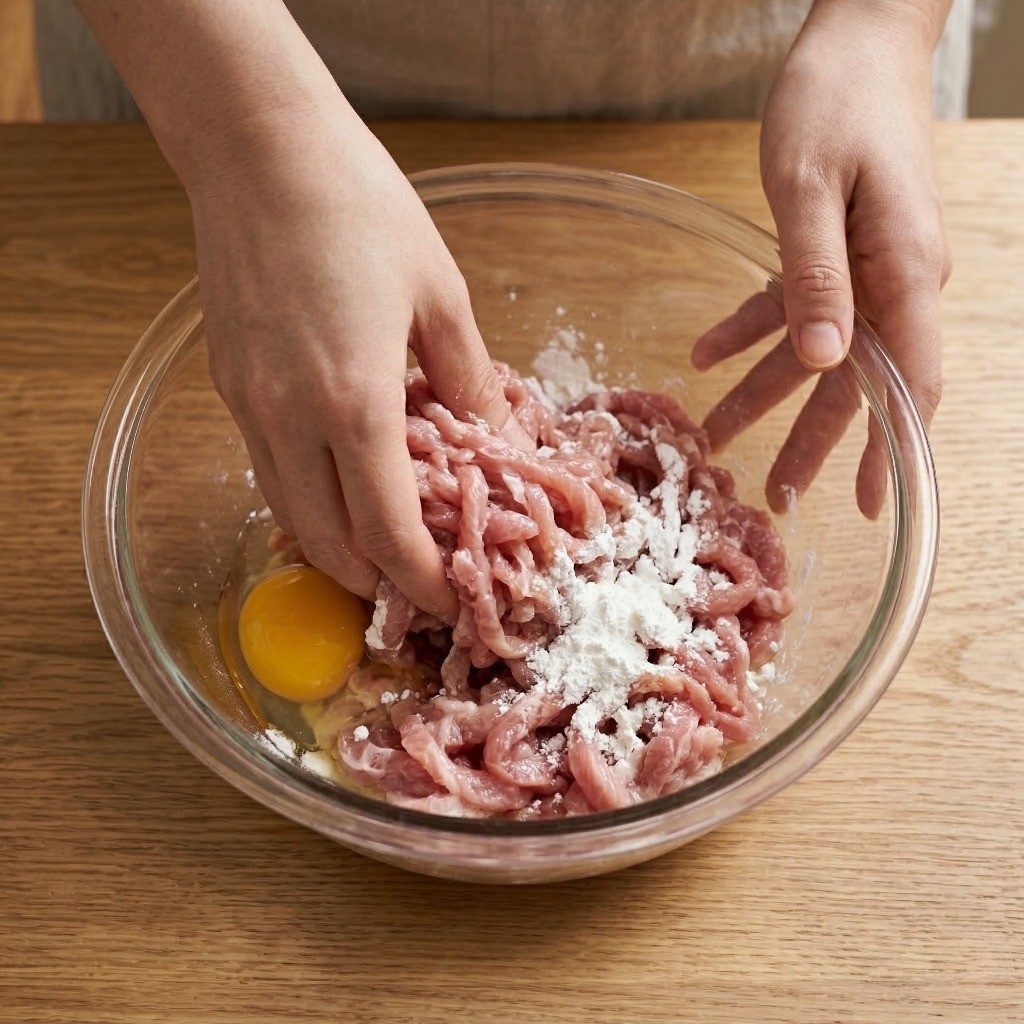 경장육사 레시피 1단계: 돼지고기에 전분과 계란을 넣어 밑간하고 숙성하는 과정
