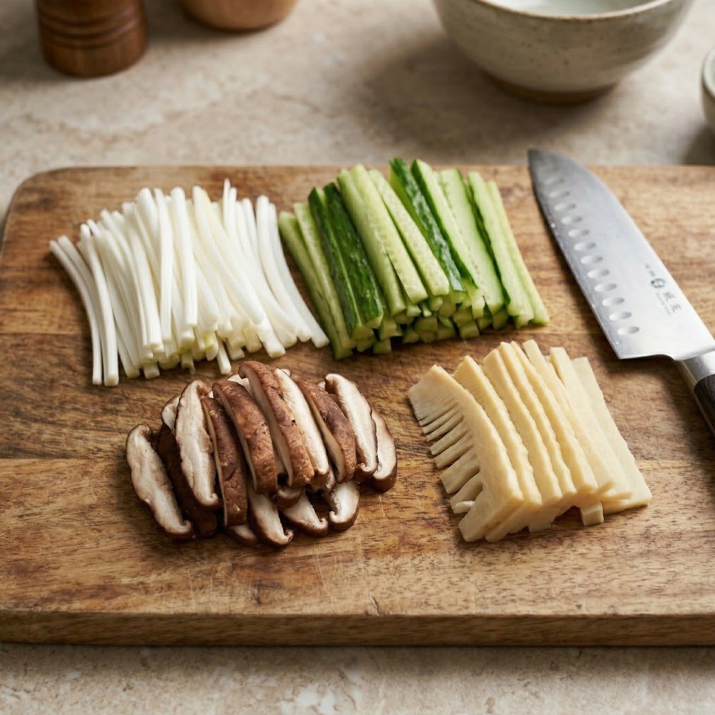 경장육사 레시피 4단계: 곁들일 대파, 오이, 양파, 표고버섯, 죽순 등 각종 채소 채썰기 준비 과정