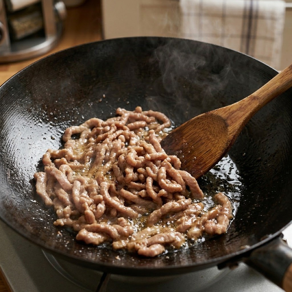 경장육사 레시피 5단계: 밑간한 돼지고기를 넉넉한 기름에 부드럽게 볶아내는 과정