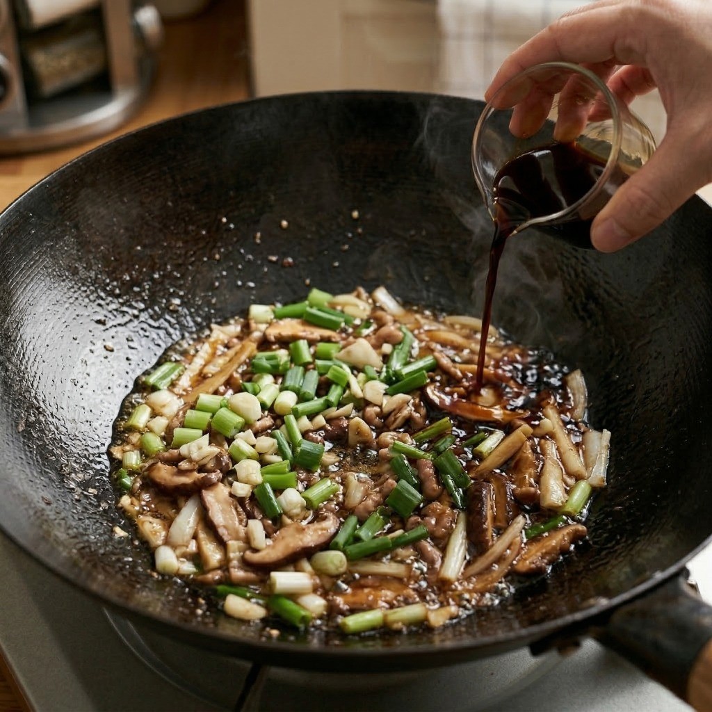 경장육사 레시피 6단계: 파기름에 각종 채소를 볶고 진간장으로 불향을 입히는 과정