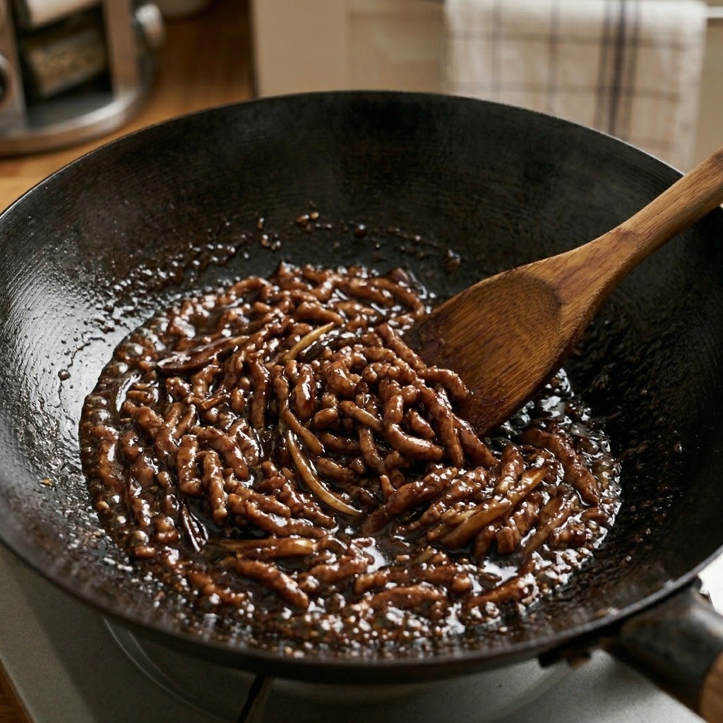 경장육사 레시피 7단계: 볶아둔 재료에 짜장가루 소스를 넣고 고루 섞어 최종 완성하는 모습