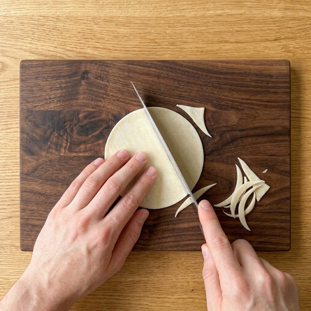 왕만두피를 7x7cm 정사각형으로 자르는 초콜릿 딤섬 만들기 첫 단계