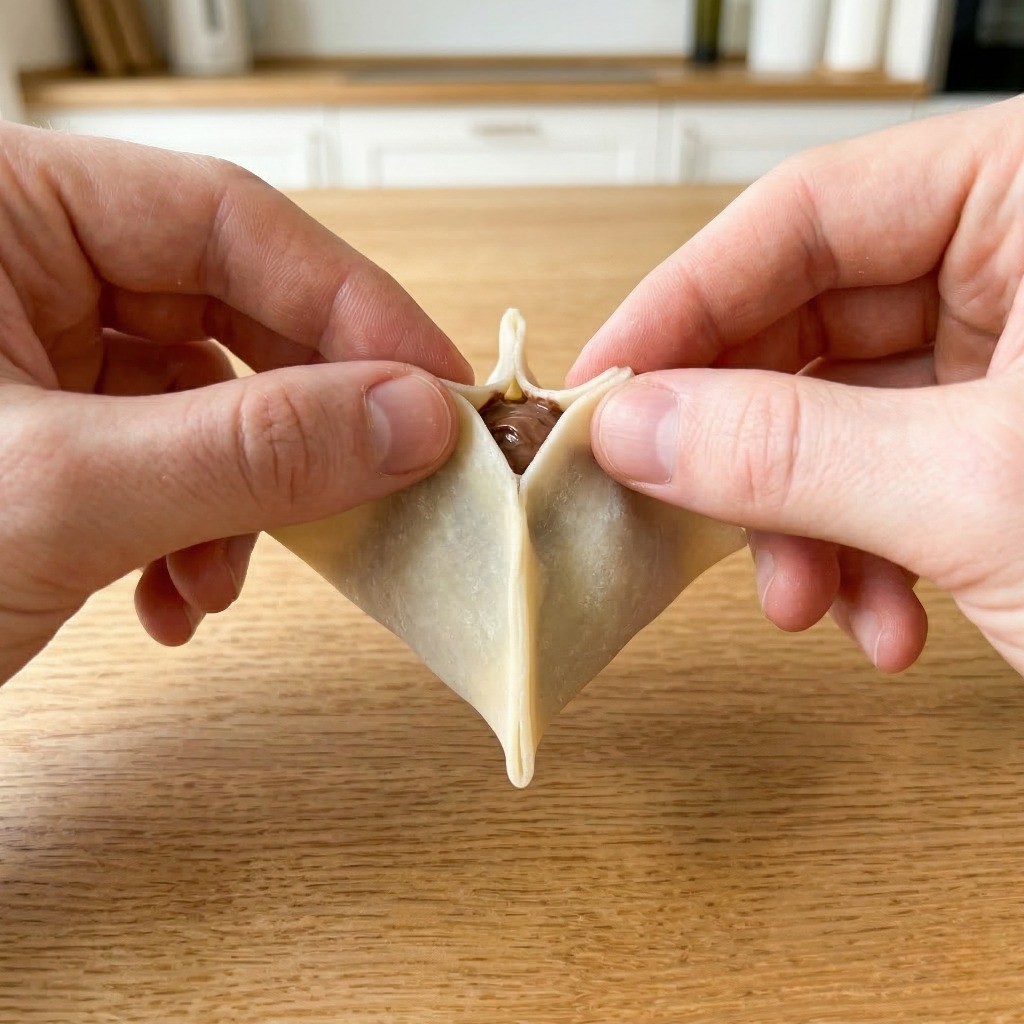 초코 크림치즈를 넣고 왕만두피를 피라미드 모양으로 예쁘게 빚는 과정