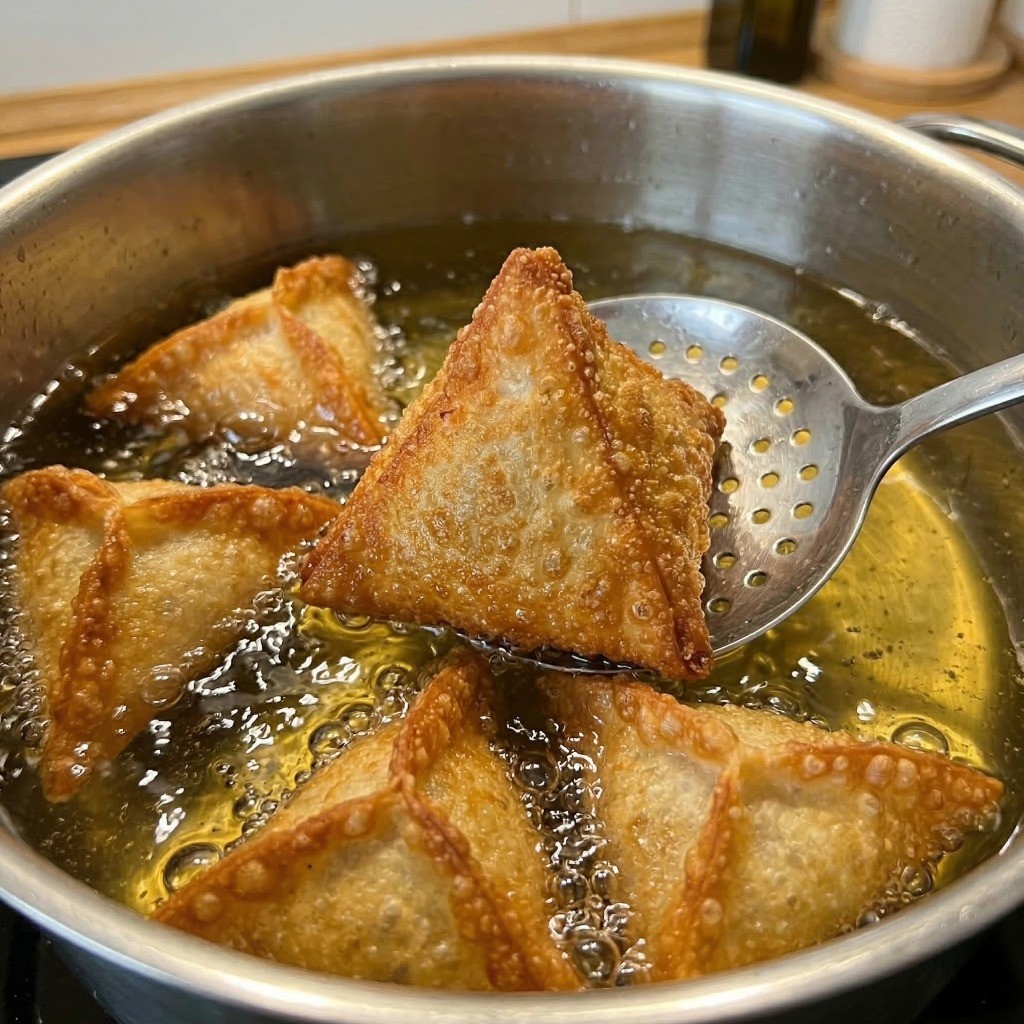 170도 기름에 초콜릿 딤섬을 바삭하고 노릇하게 튀겨내는 모습