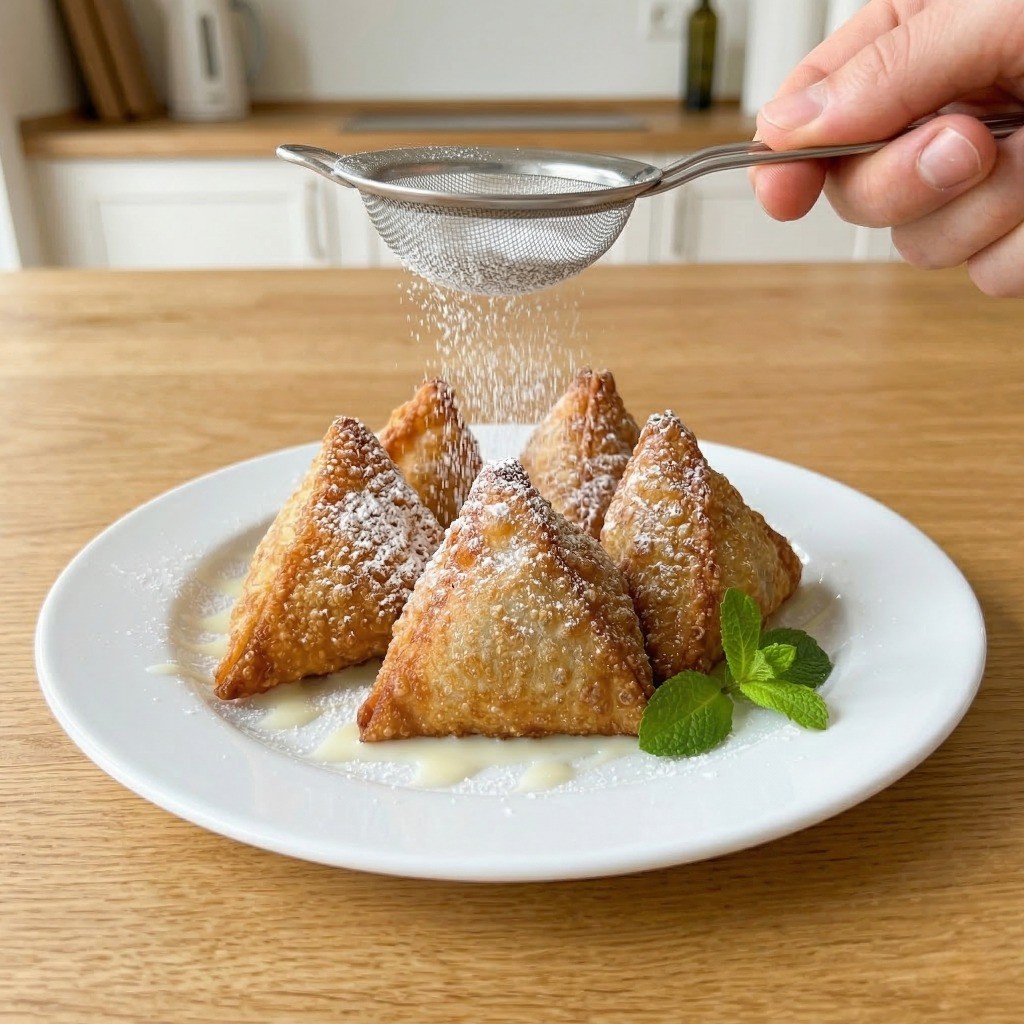 연유, 슈가파우더, 애플민트를 곁들여 예쁘게 플레이팅한 튀긴 초콜릿 딤섬