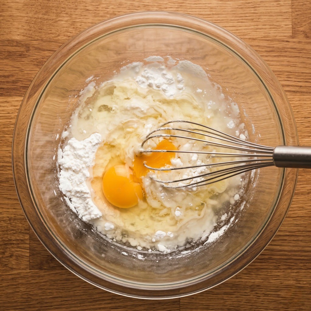 이연복 깐풍 오징어튀김 레시피 1단계: 바삭한 튀김 반죽 만들기 (전분, 물, 식용유, 계란 혼합)