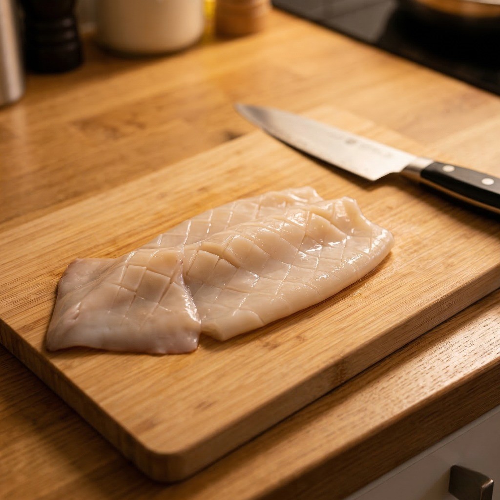 이연복 깐풍 오징어튀김 레시피 2단계: 오징어 튀김옷이 잘 붙도록 껍질에 사선 칼집 내기