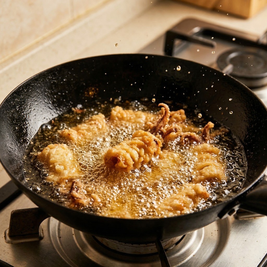 이연복 깐풍 오징어튀김 레시피 4단계: 예열된 기름에 오징어를 겉바속촉으로 노릇하게 튀기기