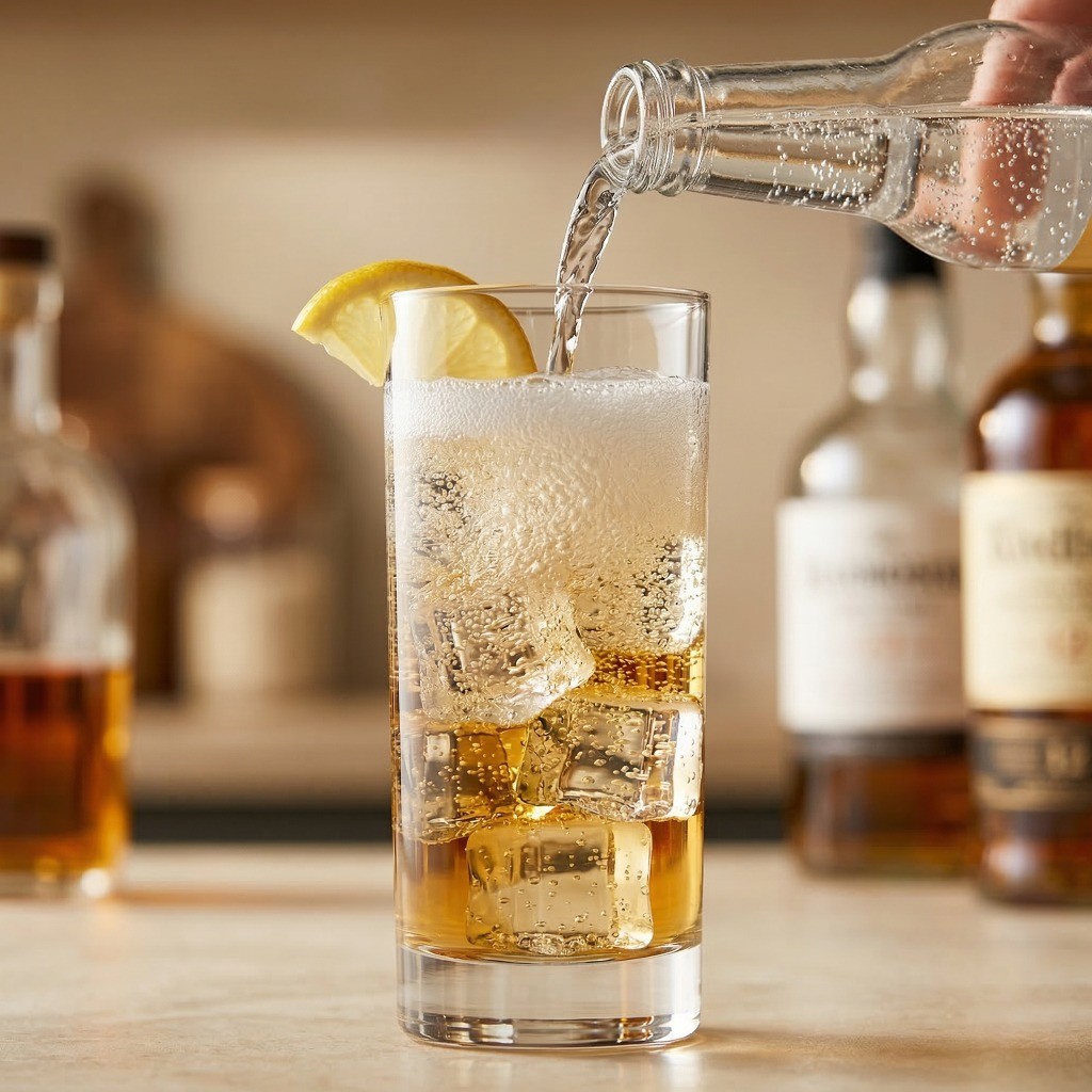 깐풍 오징어튀김과 어울리는 위스키 하이볼 레시피: 얼음 잔에 위스키와 탄산수를 부어 완성
