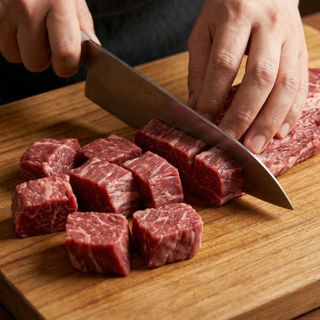 이연복 몽골리안 비프 레시피 1단계: 부챗살을 한입 크기로 도톰하게 써는 과정