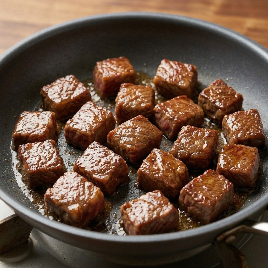 이연복 몽골리안 비프 레시피 4단계: 육즙을 가둔 마리네이드 소고기를 팬에 노릇하게 굽기