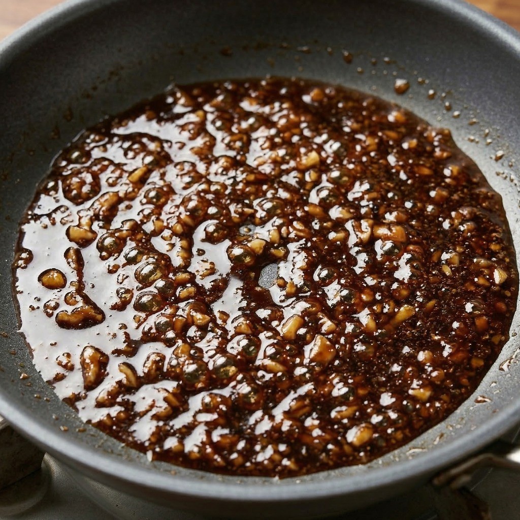 이연복 몽골리안 비프 레시피 5단계: 다진 마늘과 소스를 끓여 끈적하게 카라멜라이징 하기