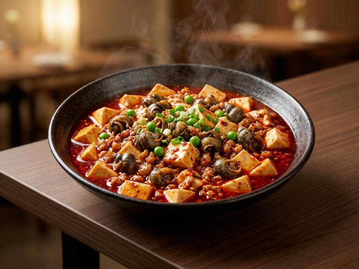 이연복 우렁 마파두부 레시피 완성 요리 이미지 - 고소한 돼지고기와 쫄깃한 우렁이가 가득한 중식 덮밥