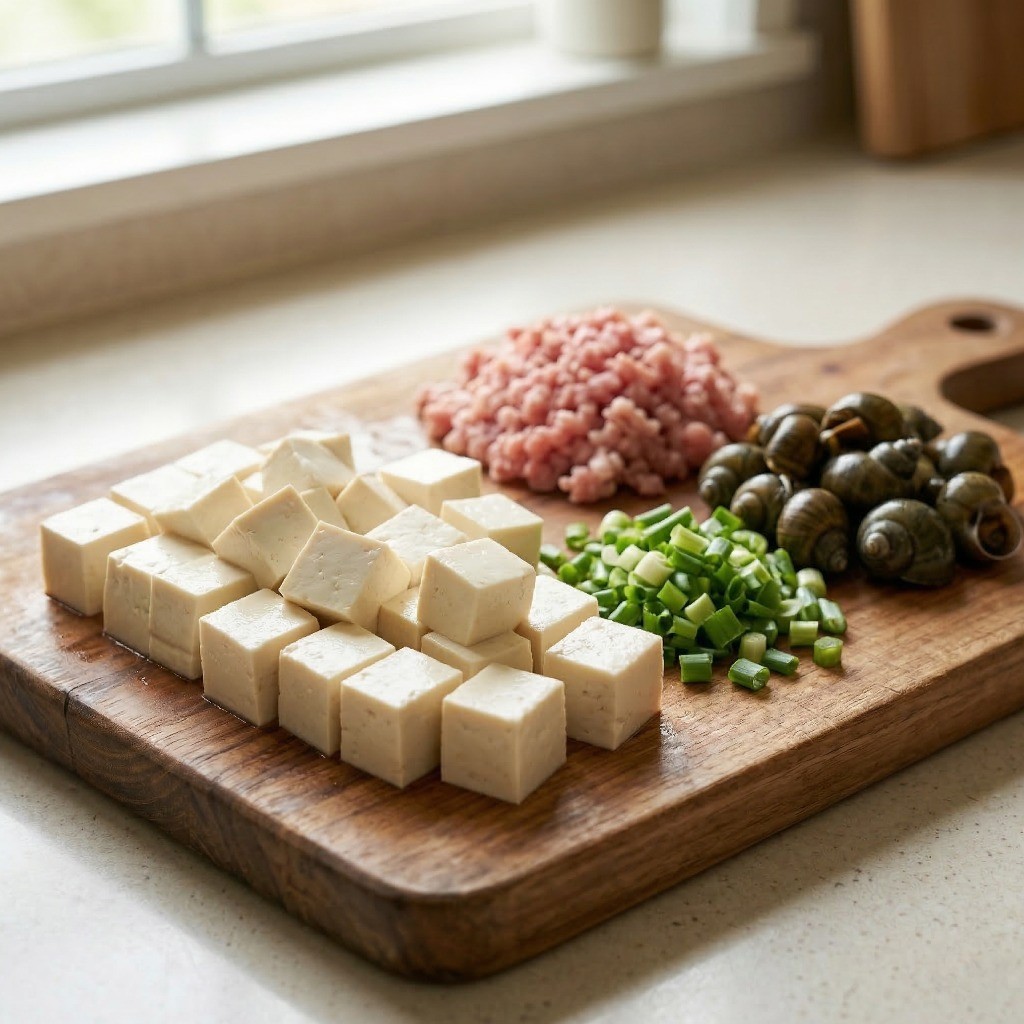 이연복 마파두부 재료 손질 단계 - 깍둑썰기한 두부와 다진 돼지고기, 대파의 모습