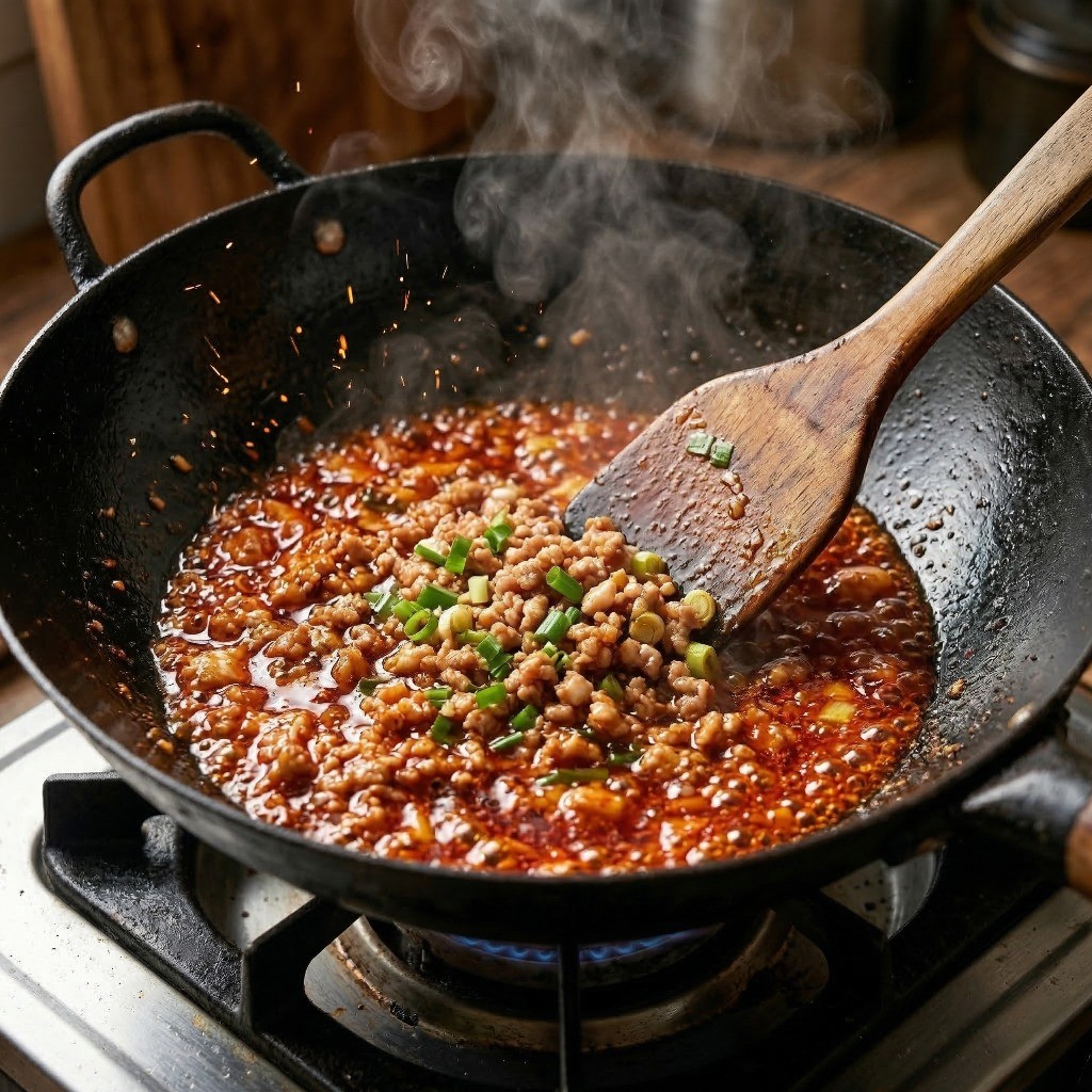 고추기름에 다진 고기와 대파, 마늘을 넣어 향을 입히며 볶는 마파두부 조리 과정