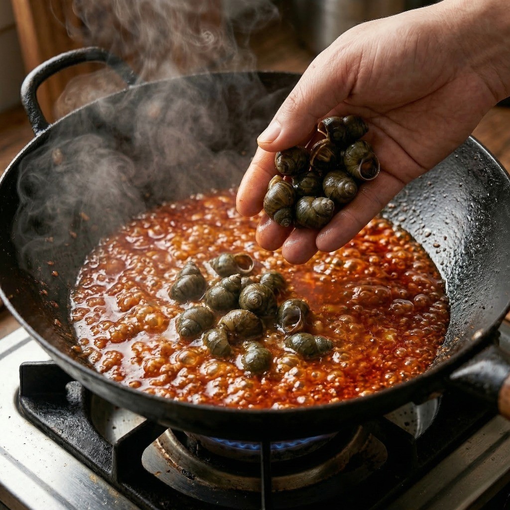 우렁이살과 두반장, 굴소스 등 양념을 넣고 보글보글 끓어오르는 마파두부 소스