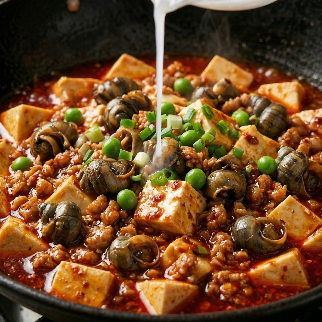 전분물을 넣어 걸쭉해진 최종 완성된 우렁 고기 마파두부 덮밥