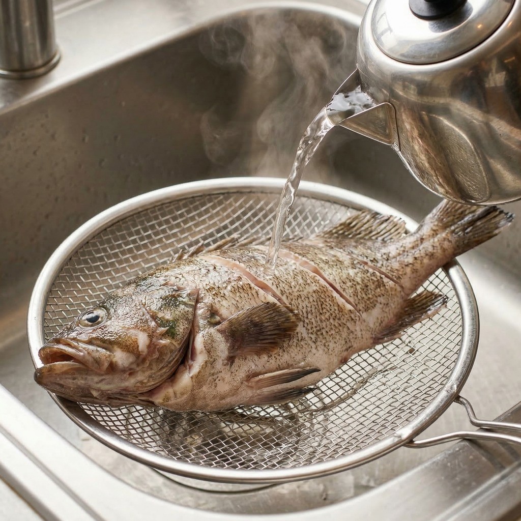 우럭 비린내 제거를 위해 손질된 생선 겉면에 뜨거운 끓는 물을 붓는 과정