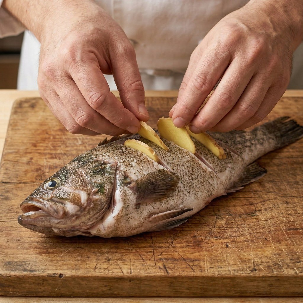 생선 잡내를 완벽하게 잡기 위해 우럭 칼집 사이사이에 얇게 썬 생강을 끼우는 모습