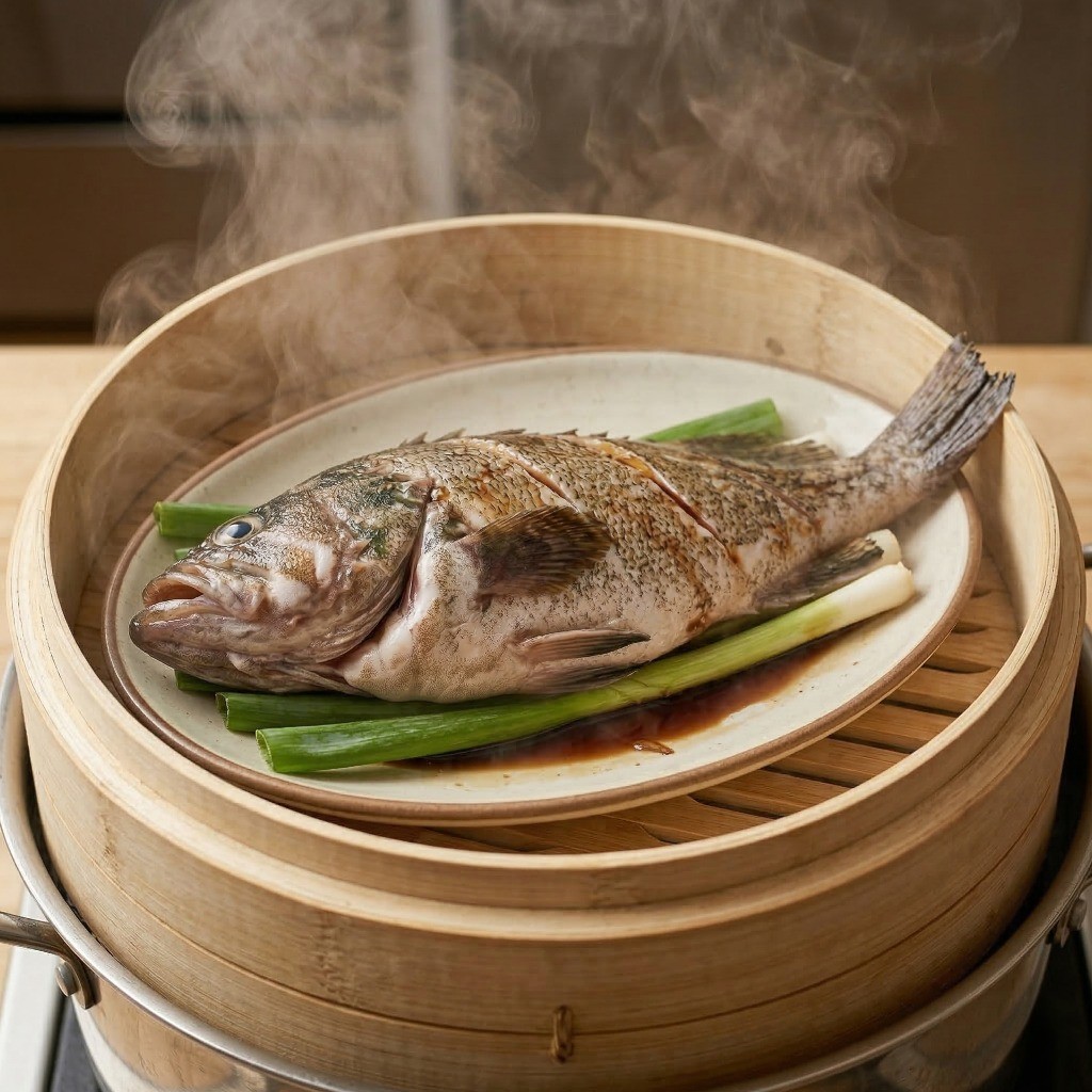 생선살이 부서지지 않게 파를 깐 찜기에 우럭을 넣고 15분간 부드럽게 찌는 모습