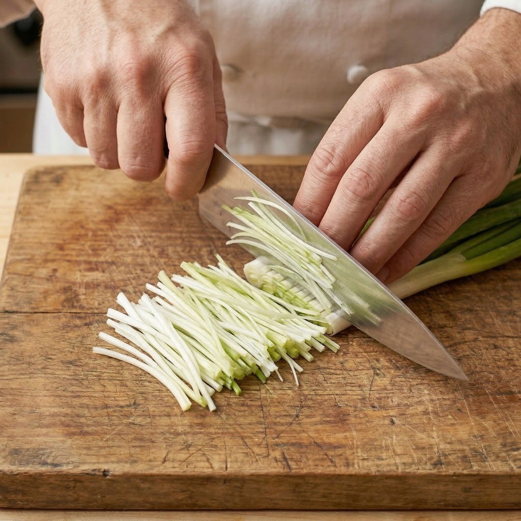 파기름의 풍미를 극대화하기 위해 대파의 흰 부분을 얇게 파채로 써는 준비 과정