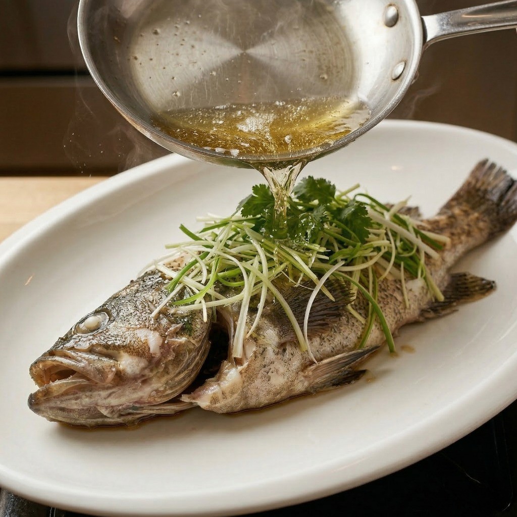 다 쪄진 우럭 생선살과 파채 위에 펄펄 끓는 뜨거운 식용유를 부어 파기름을 내는 이연복 셰프의 핵심 비법