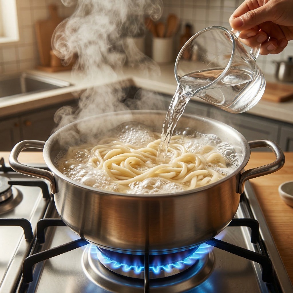 중화면 쫄깃하게 삶는 법 - 끓는 물에 면 삶고 찬물에 헹구기