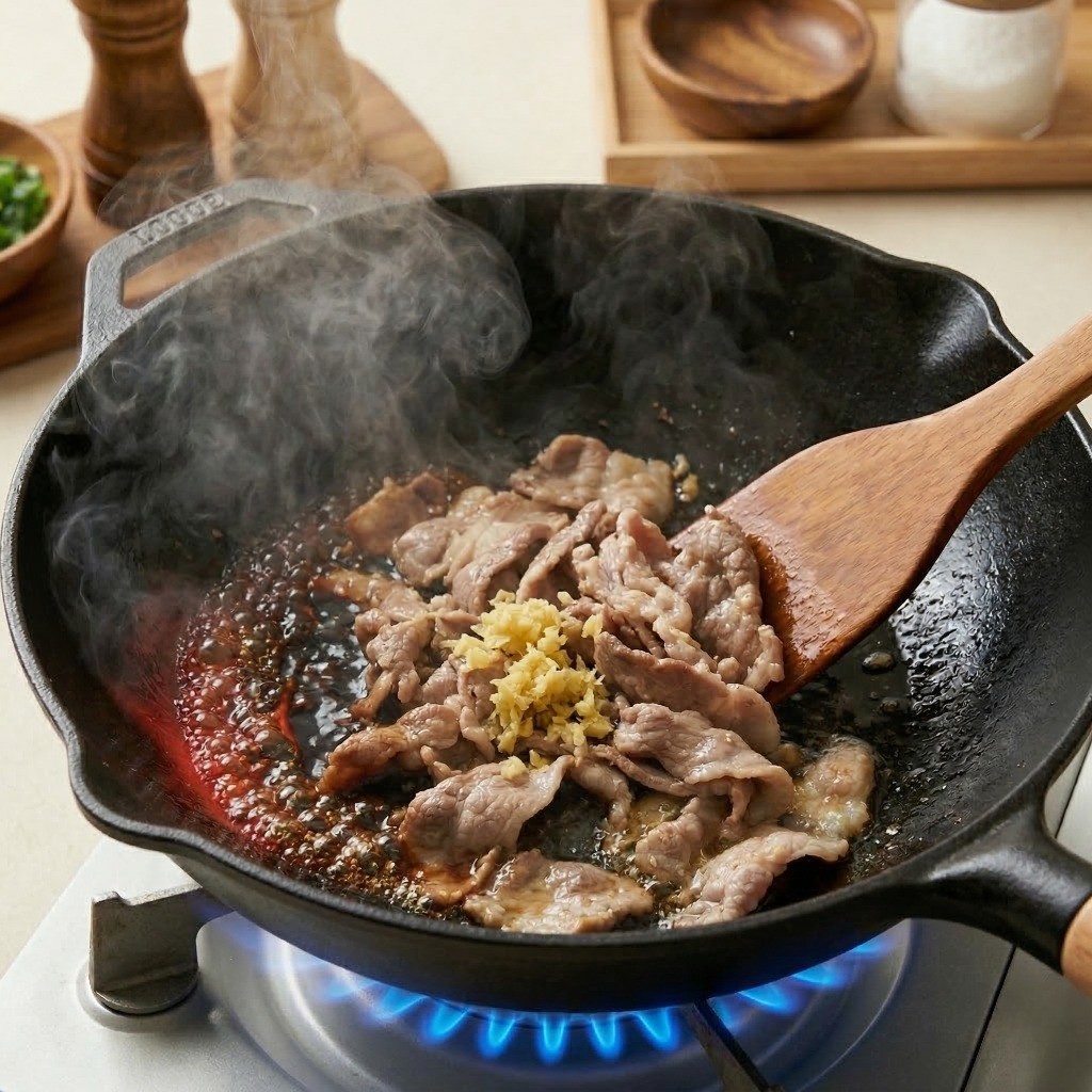 쟁반짜장 불맛 내는 비법 - 팬에 돼지고기를 볶으며 간장으로 불향 입히기