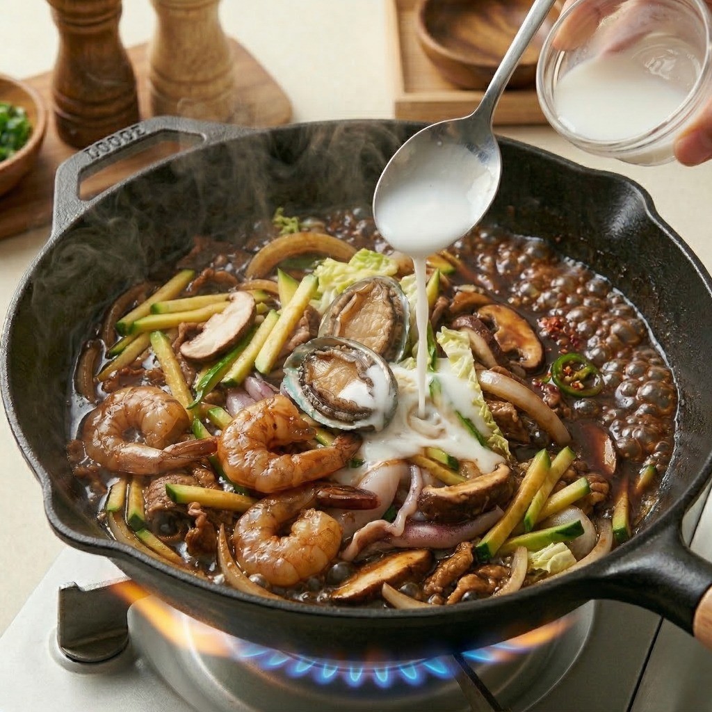 시판 짜장가루 요리 - 분말짜장과 전분물로 걸쭉한 쟁반짜장 소스 농도 맞추기