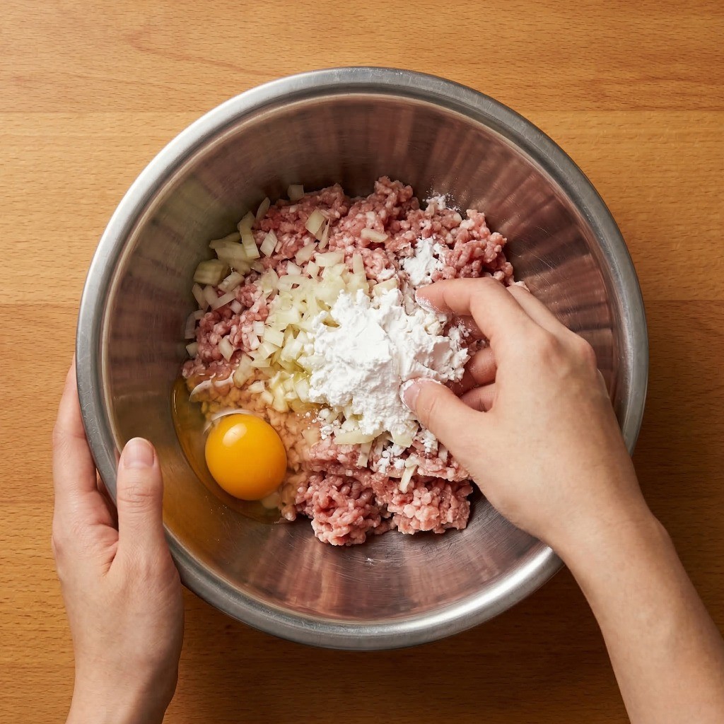 다진 돼지고기에 양파, 달걀, 전분가루를 넣고 찰지게 치대어 난자완스 고기 반죽을 만드는 과정