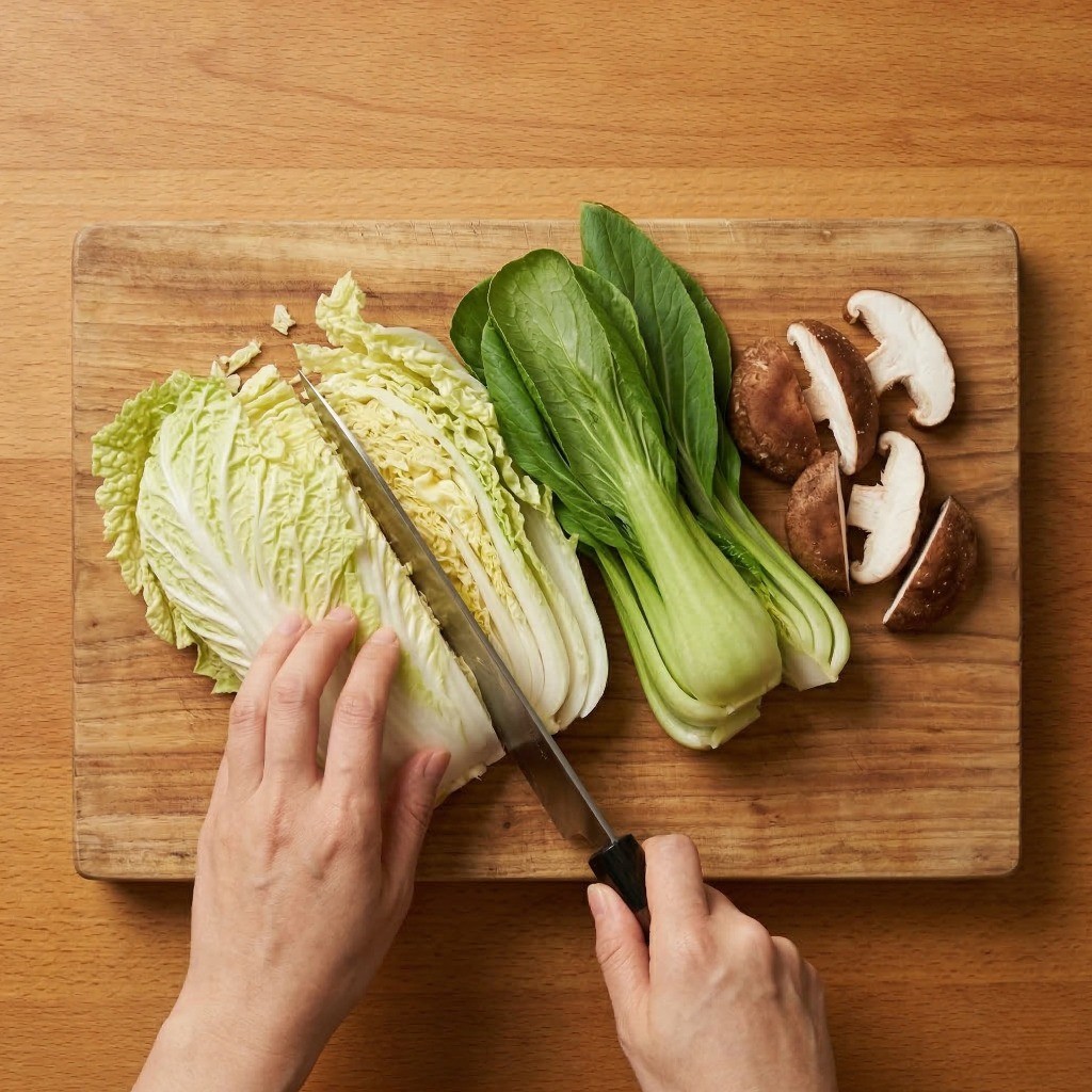 알배추, 표고버섯을 어슷썰기하고 마늘, 대파 등 난자완스에 들어갈 채소를 손질하는 모습