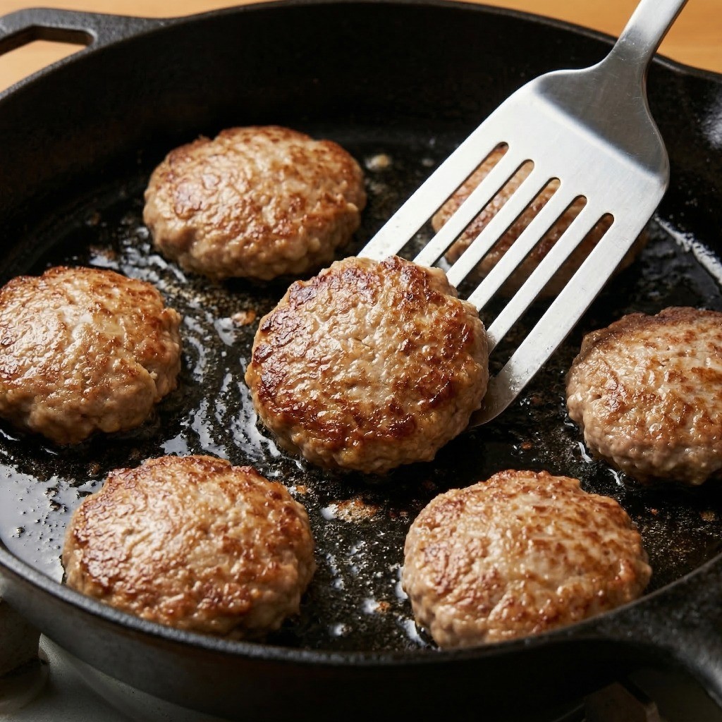 기름을 두른 뜨거운 프라이팬에 고기 반죽을 동글납작하게 올려 앞뒤로 노릇노릇하게 굽는 모습