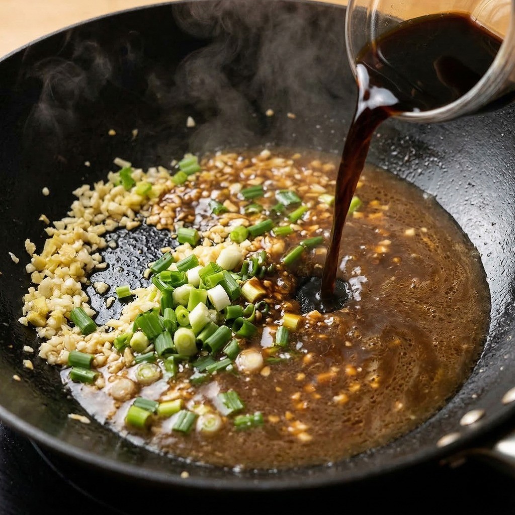 파기름을 낸 뒤 간장, 미림, 굴소스와 물을 넣어 감칠맛 나는 난자완스 소스를 끓이는 과정