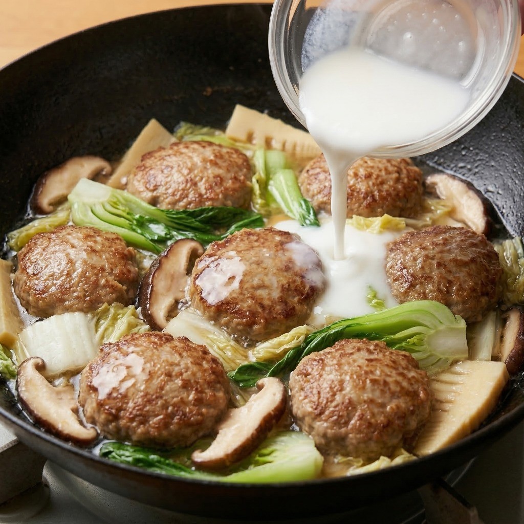 구운 완자와 채소를 소스에 넣고 전분물로 농도를 맞춰 윤기 나게 완성된 난자완스의 모습