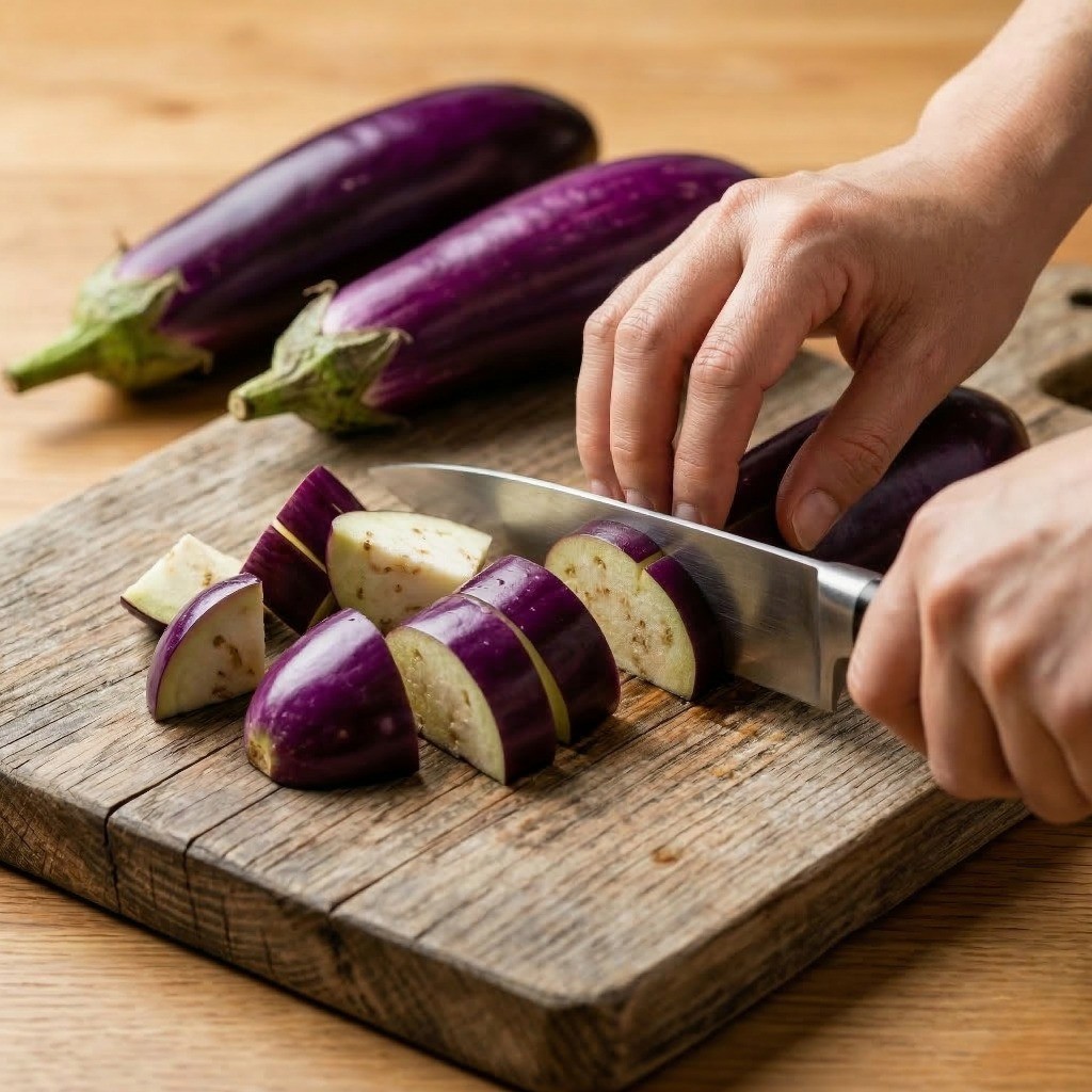 이연복 흑초가지 레시피 1단계: 신선한 가지를 씻어 불규칙하고 먹기 좋은 크기로 써는 과정